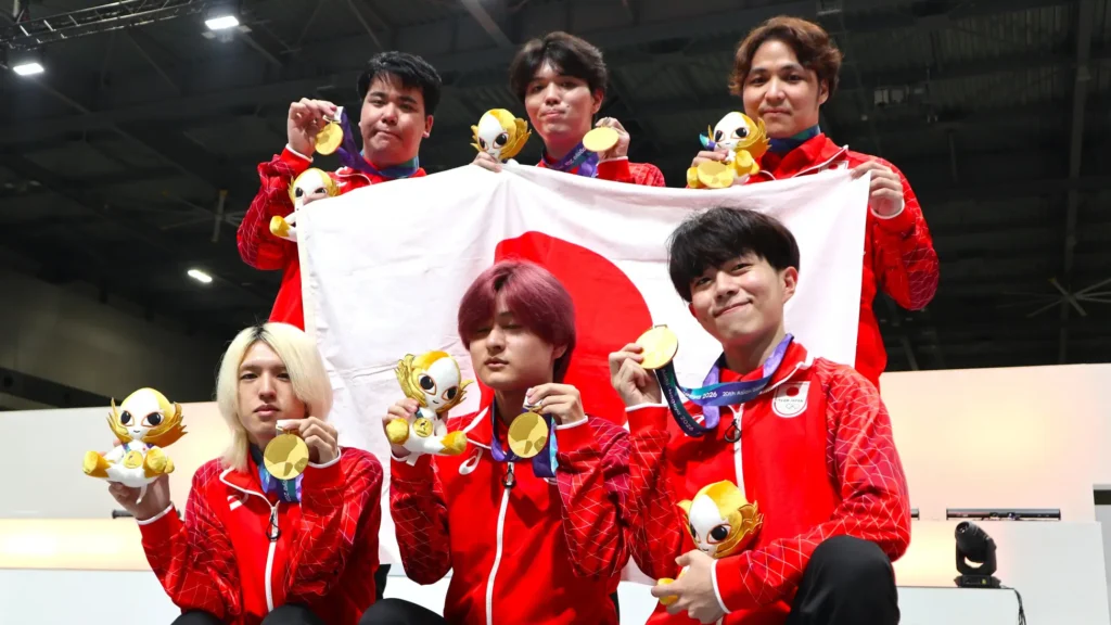 アジア競技大会ポケモンユナイト、日本代表、小瀬古雄大選手、佐藤博希選手、白川真士佳選手、髙田祥生選手、鳥羽航人選手、東蓮汰選手、金メダル。
